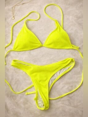 Neon Lime Ribbed Triangle Bikini Set